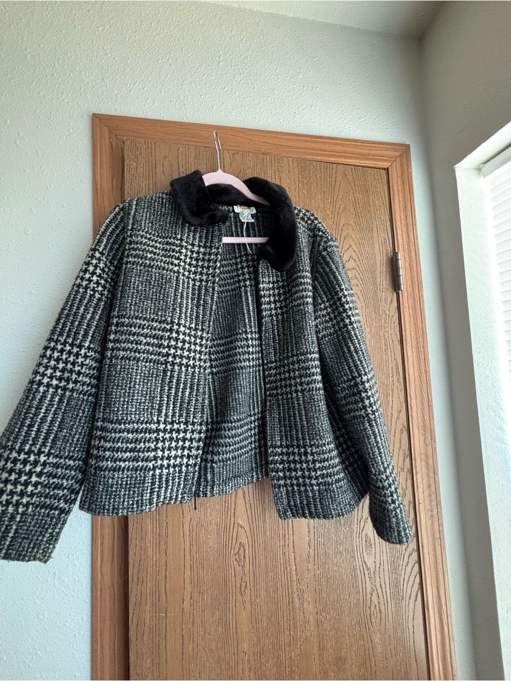 Talbots Black and Gray Plaid Jacket with Faux Fur Collar